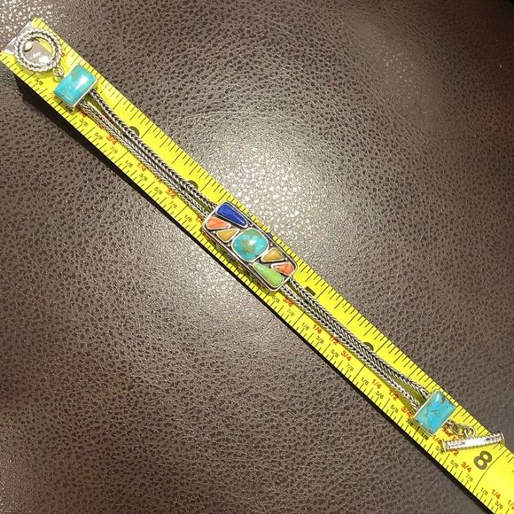 BARSE Sterling Silver Turquoise Coral Lapis Cabochon Thai Weave Toggle Bracelet - Picture 8 of 15